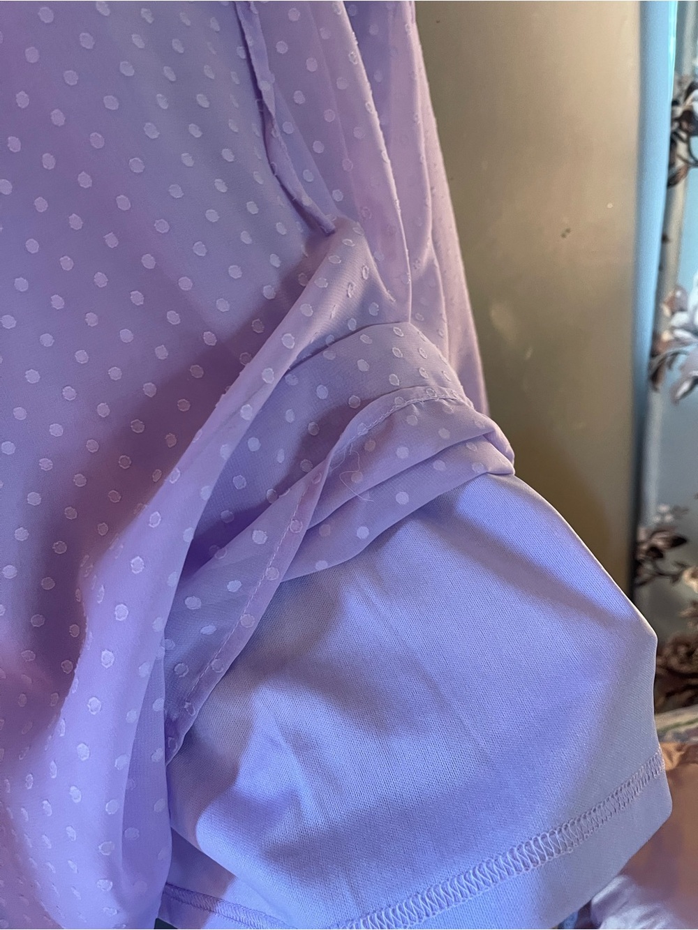 Women's Lavender Polka Dot Ruffle Tie Neck Blouse - Picture 4 of 4